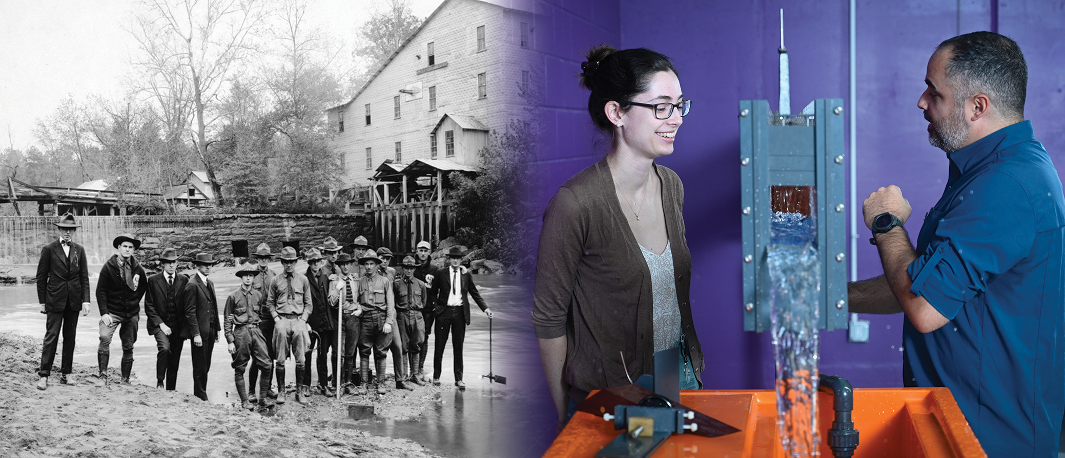 A composite blend of two photos. On the left is a black and white image from early 20th century showing a team of land surveyors. On the right is a color photo of a female student working with a male professor on a project.