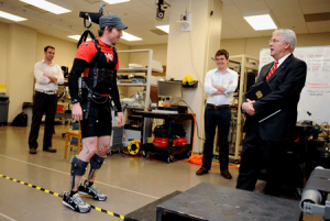 Dr. Gregory Sawicki demonstrates some of the Human PoWeR Lab's equipment. Researchers in the lab study the science and physiology of wearable robotics and what it could mean for humans with disabilities, aging baby-boomers and soldiers on the battlefield.
