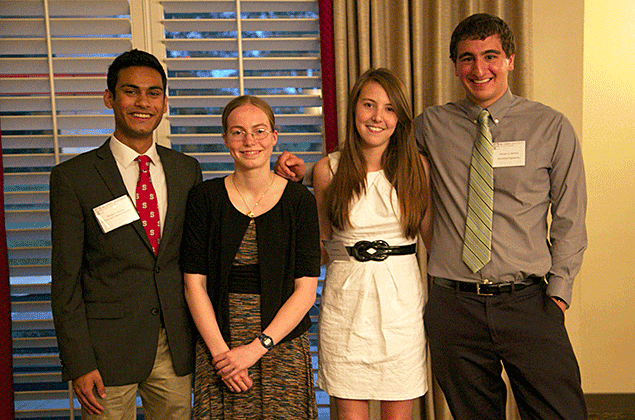From left, Shreye Saxena, Kathleen Wassell, Kelsey Mills and Adriano Bellotti received 2015 Outstanding Senior Awards from the College of Engineering.