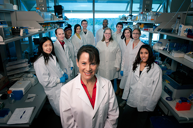Graduate students work in the lab of Dr. Elizabeth Loboa in EBIII. Photo by Marc Hall