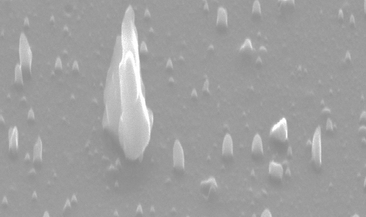 Scanning electron micrograph of c-BN nanoneedles and microneedles up to three microns in length. Image credit: Anagh Bhaumik.