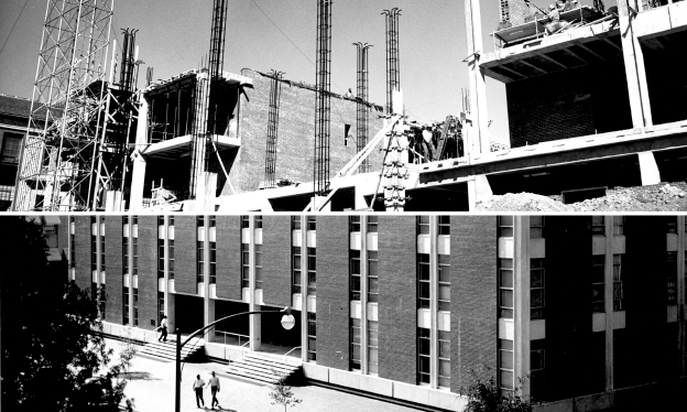 These photos show crews constructing the current Mann Hall in 1964 and the finished building in 1965.