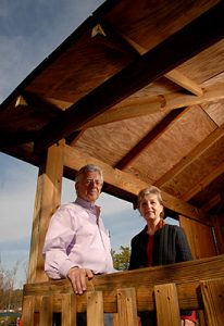Robin Moore and Nilda Cosco in a treehouse at Bright Horizons Child Care in Cary. Photo by Roger Winstead.