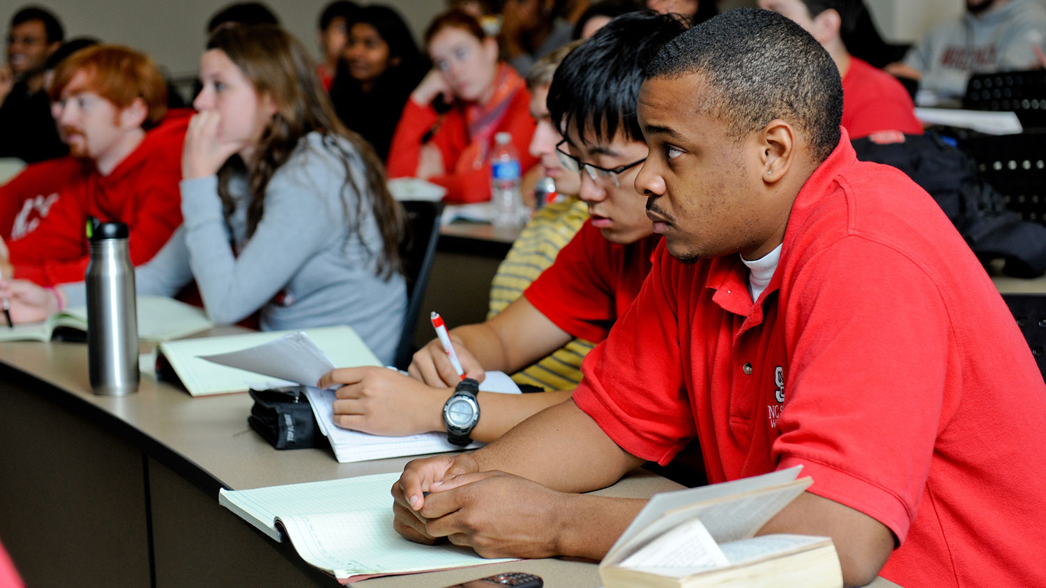 Students participate in Dr. Andrew DiMeo's Biomedical Engineering Senior Design class in Engineering Building III on Centennial Campus.