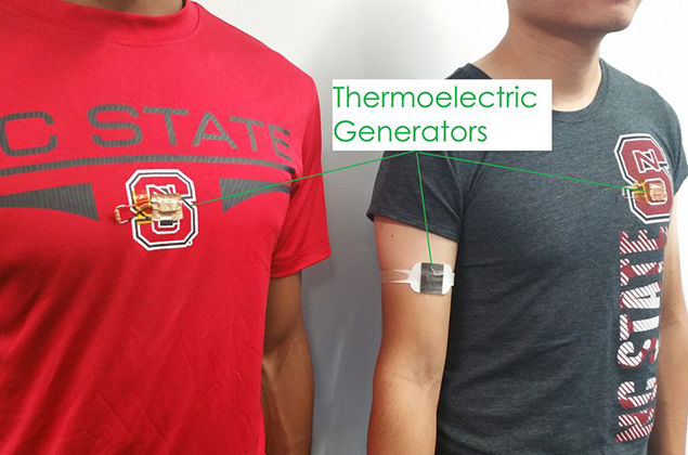 TEG-embedded T-shirt (left) and TEG armband (right).