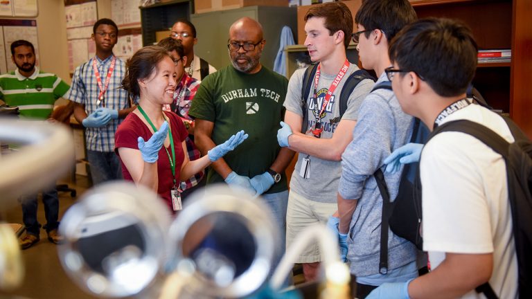 High school students with visual impairments or blindness attended a 2016 summer camp at NC State's Engineering Place. Their activities included lab tours with participants from the College of Engineering's Research Experiences for Teachers Program.