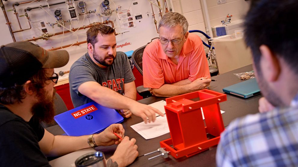 Group discuss project with faculty member.