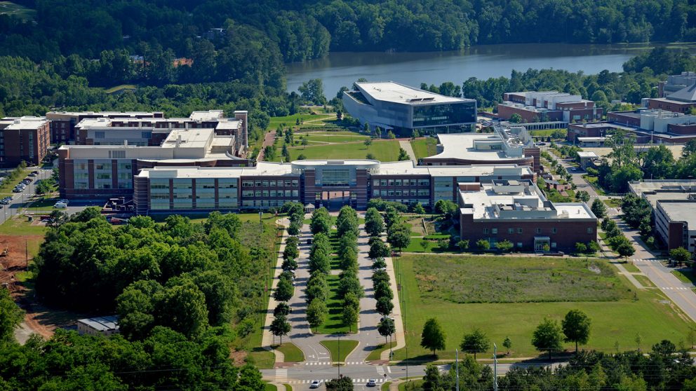 Aerial view of Engineering Buildings and Hunt Library on Centennial Campus
