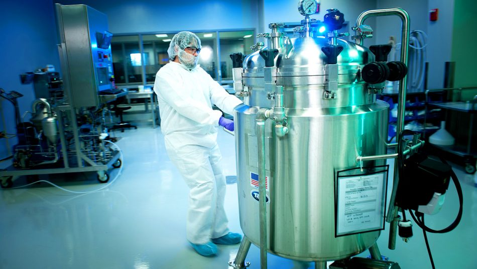 Technicians work in the BTEC facility (The Golden LEAF Biomanufacturing Training and Education Center) on Centennial Campus