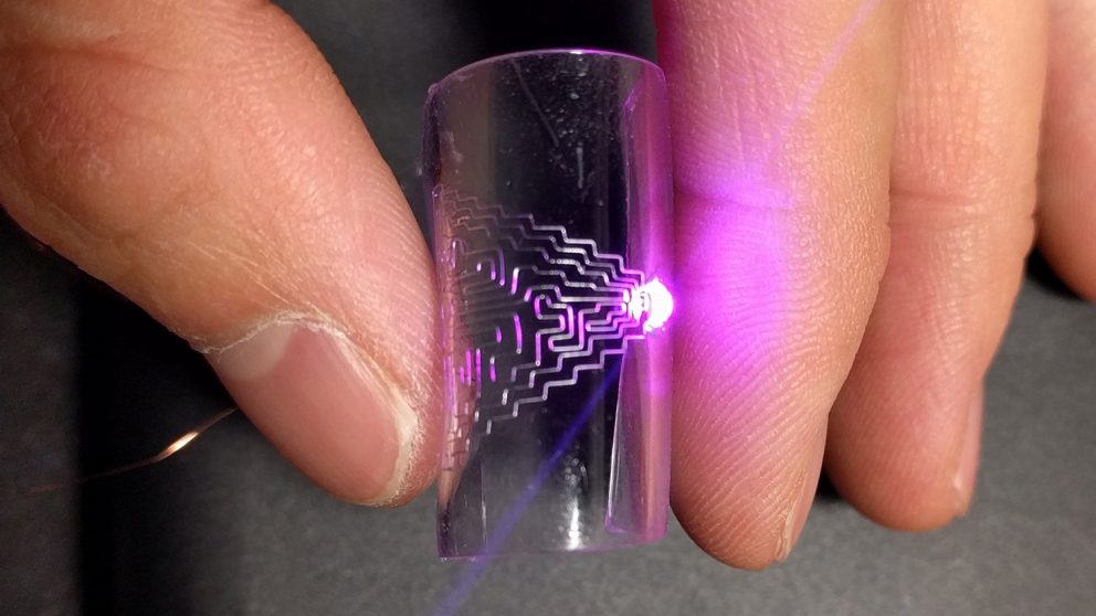 This prototype demonstrates the potential of the new technique for printing flexible, stretchable circuits.