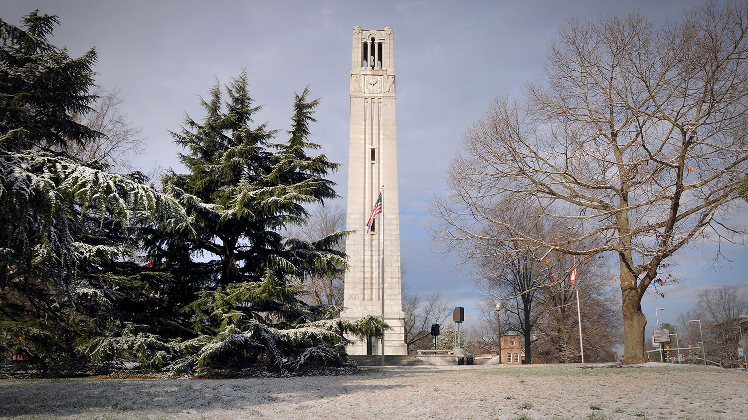 NC State Bell Tower on a snow day