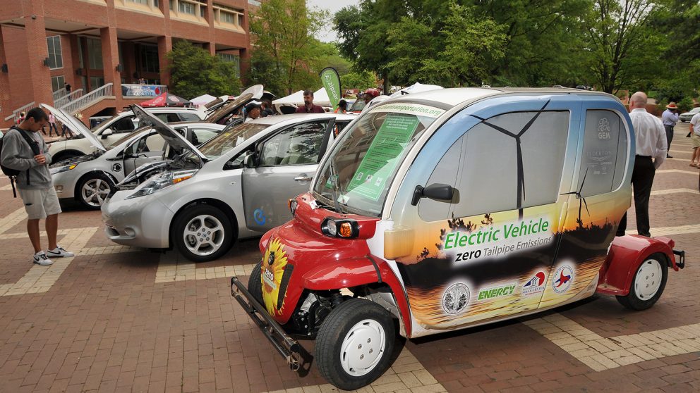 Electric and hybrid cars on display during Earth Day activities on the Brickyard.