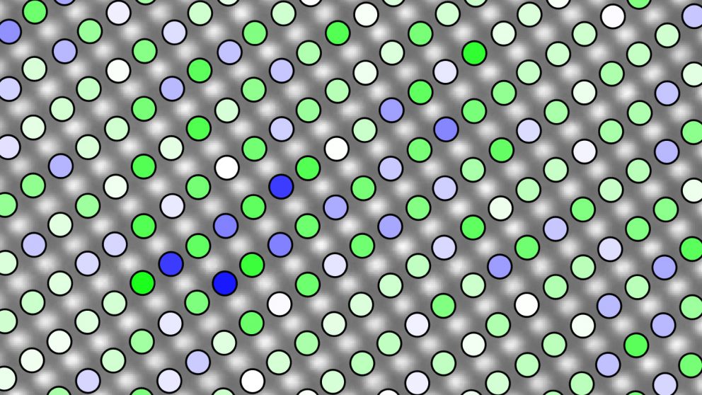Atomic resolution image illustrating the chemical distribution in PMN. Due to mass contrast, columns of atoms rich in Mg (blue markers) can be discriminated from columns rich in Nb (green markers). Image credit: James LeBeau.