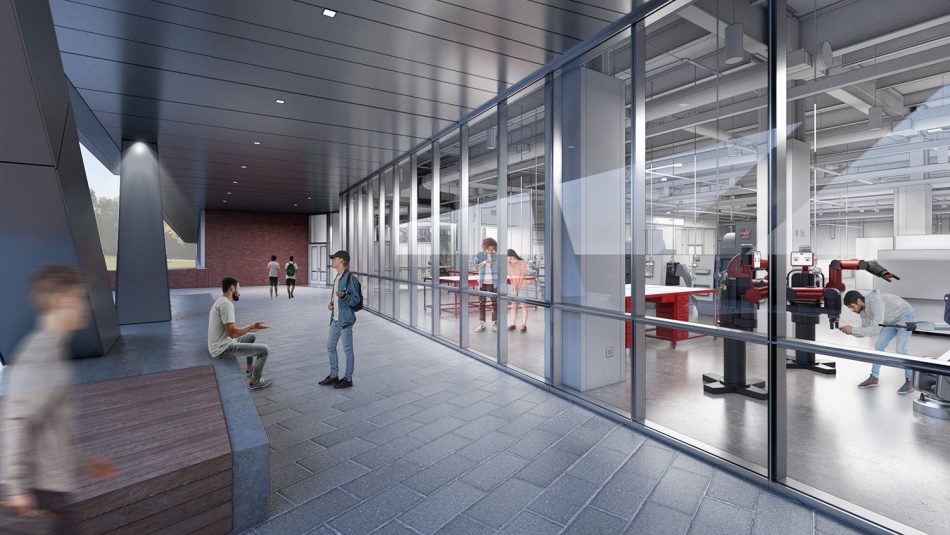 Rendering of the Fitts-Woolard Hall Advanced Manufacturing lab (exterior)