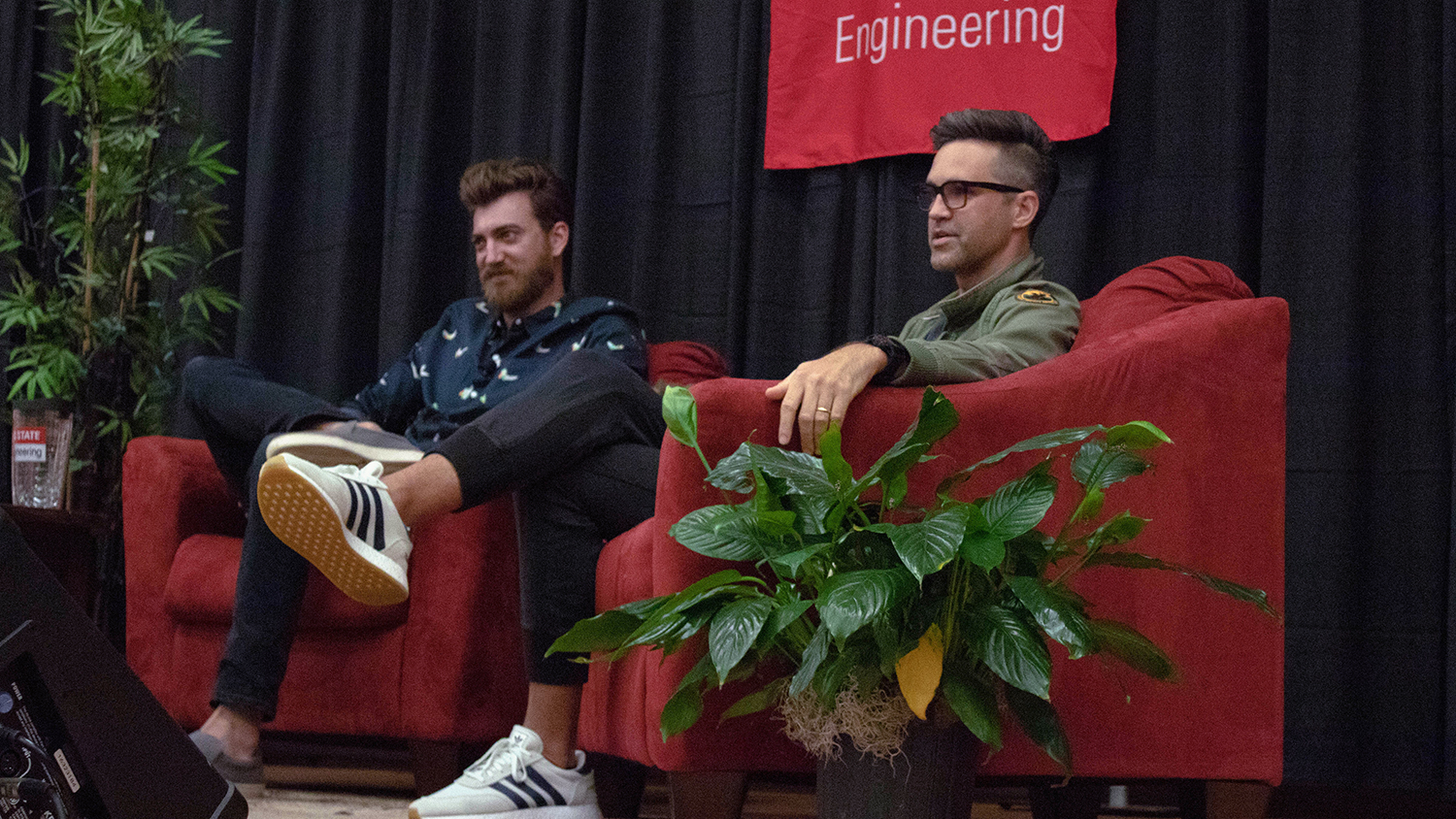 Rhett and Link returned to NC State Saturday to speak to a sold-out crowd in Hunt Auditorium on NC State’s Centennial Campus, talking about their non-traditional path into entertainment and their advice for students. (Photo: October 2018)