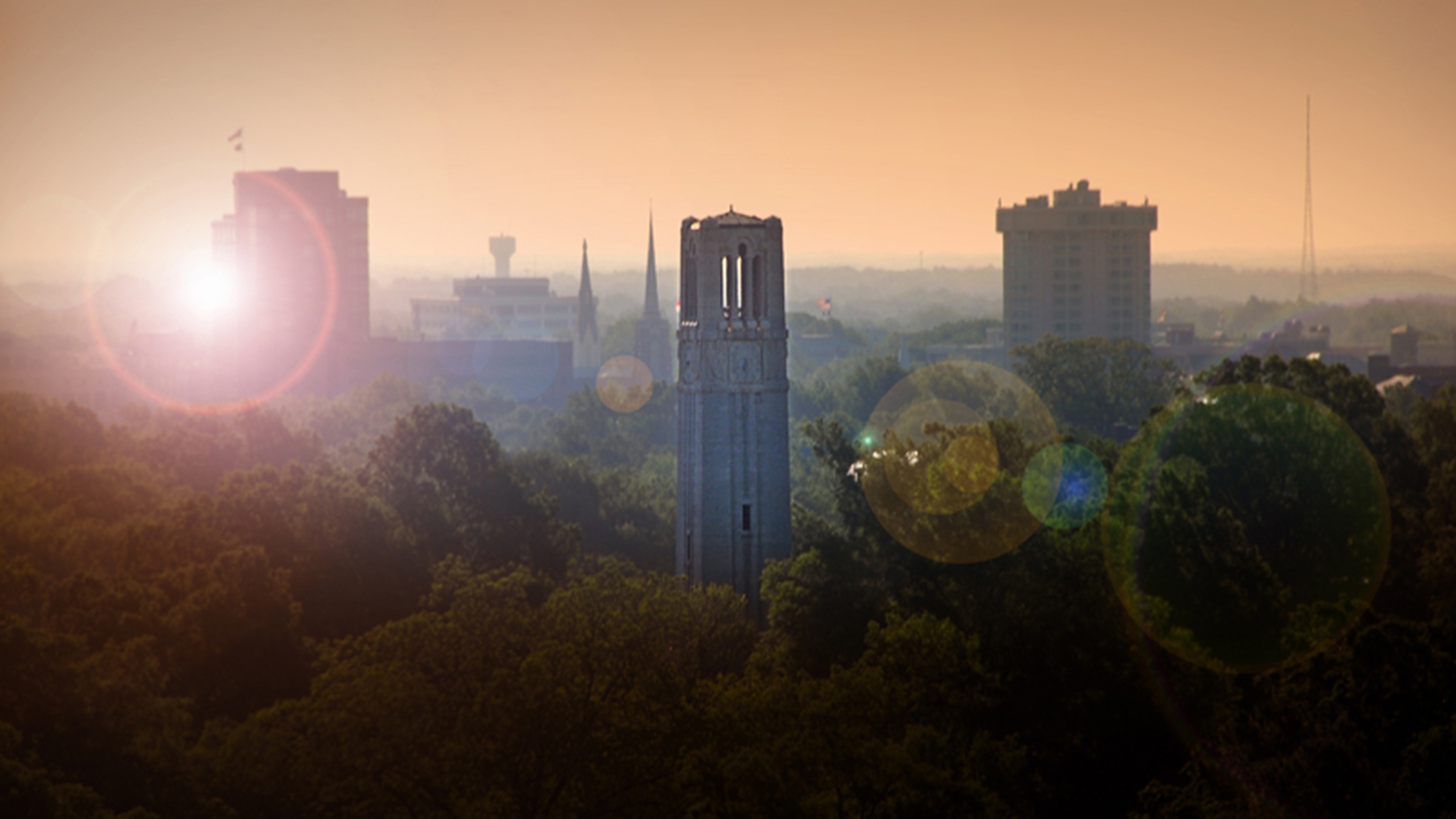 Looking east across campus towards downtown Raleigh on a sunny Spring day.