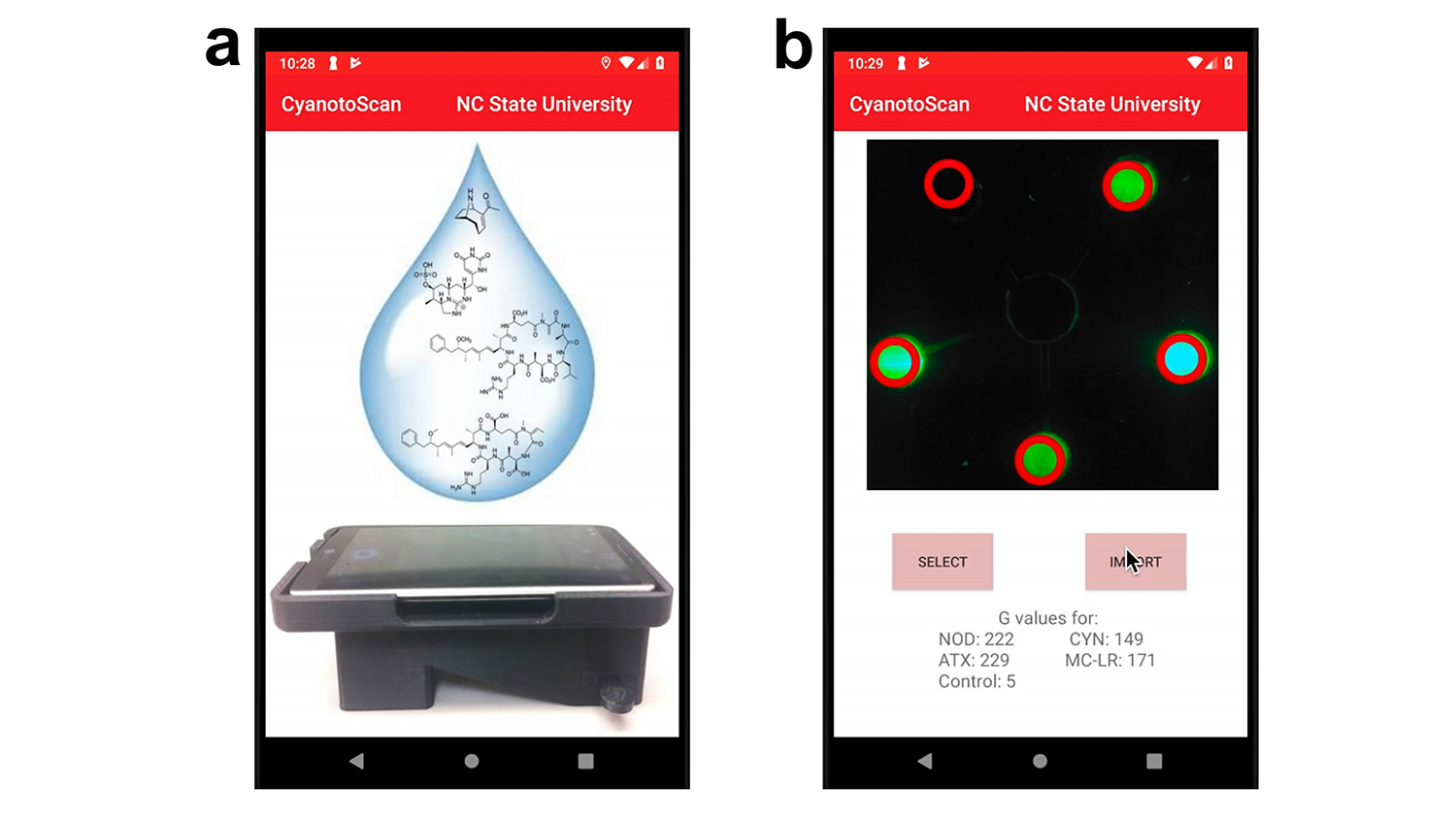 Two smartphone screens displaying the cyanotoxin sensor interface
