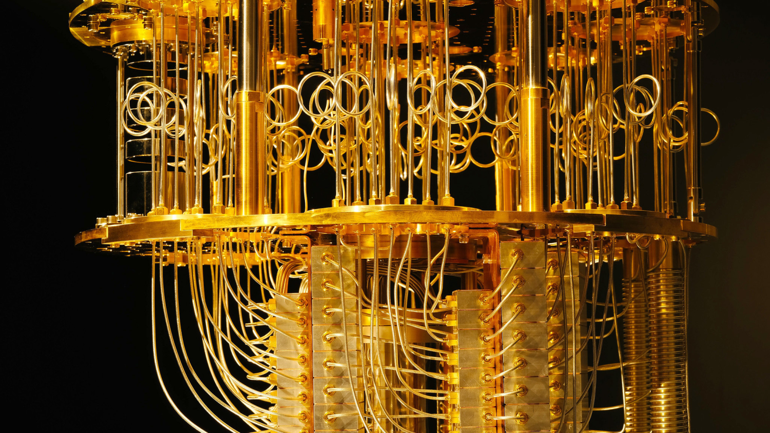 Refrigeration coils keep the quantum computer at sub zero temperatures.
