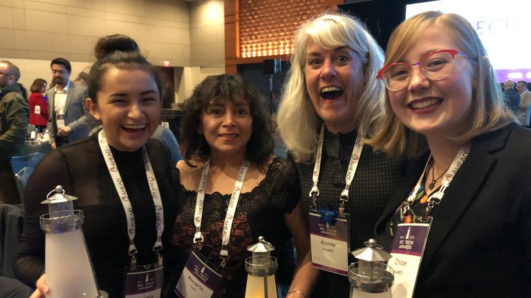 NC State engineering students Cynthia Rios, far left, and Chloe Hawes, far right, received the Betsy Y. Justus Founders Scholarship. They are shown with their mothers, Rosario Rios, second from left, and Annie Hawes, second from right.