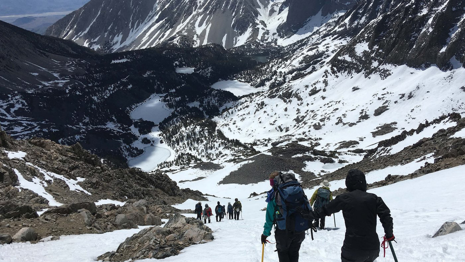 Mao and other Caldwell Fellows hike the snow-covered Sierra Nevada Mountains.