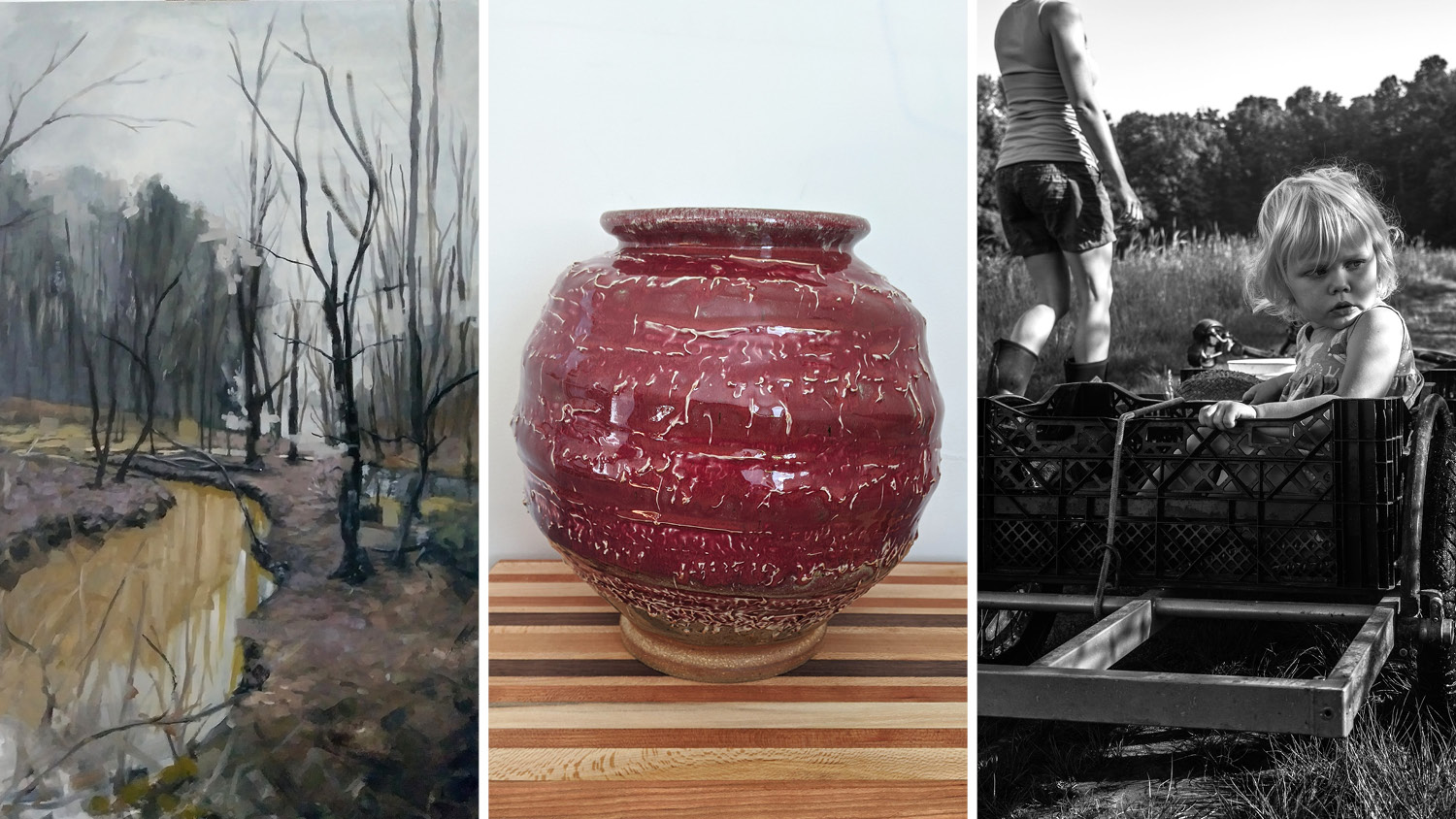 2020 Arts NC State Visual Artist Award winners (L-R): “Der Fall” by Jornell Bacon, ribbed vase by Jake Goodnight, “Farm Kid” by Grayson Morrow. Links to the full images are available in the text.