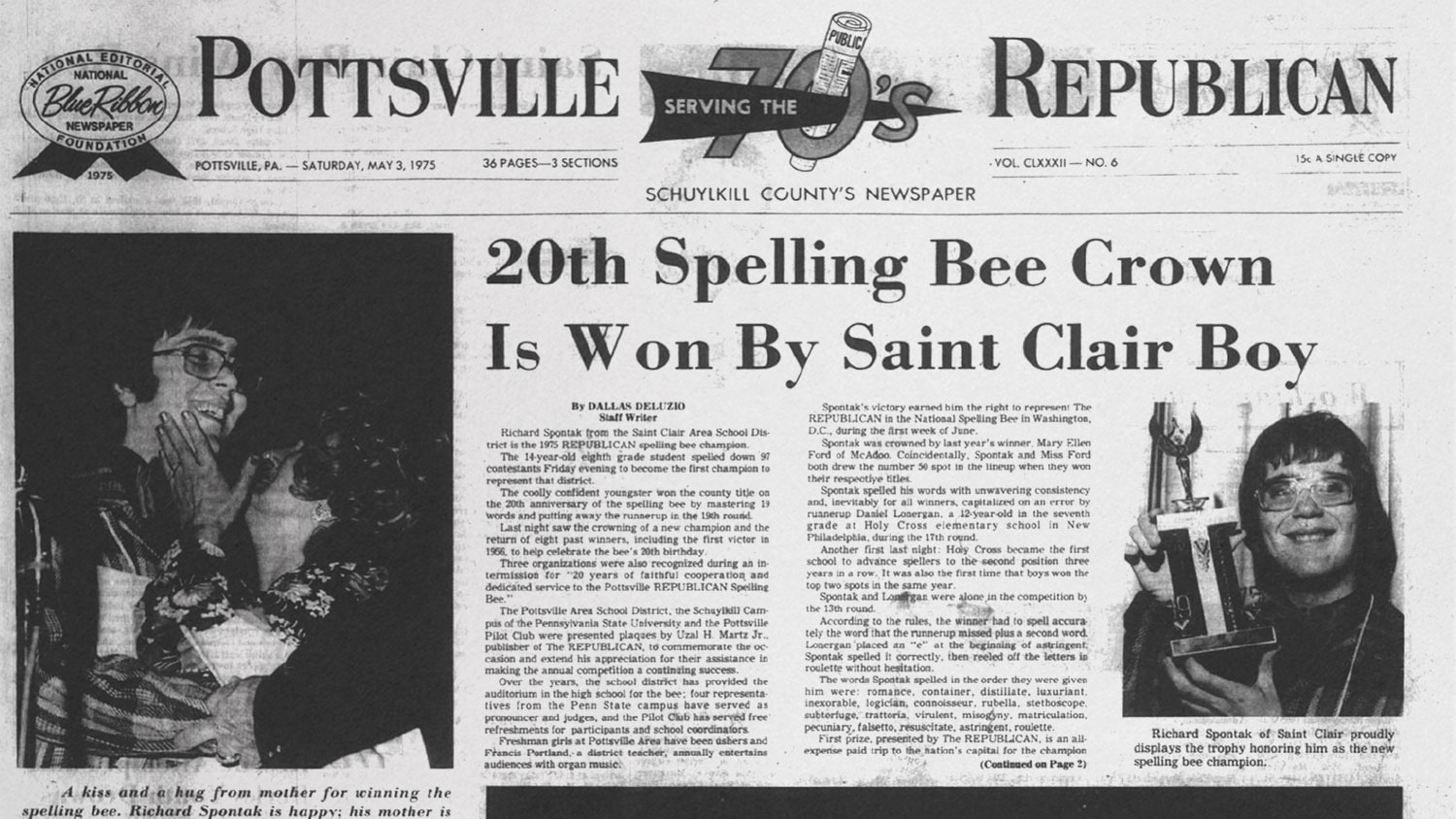 Newspaper clipping of 1975 Spelling Bee