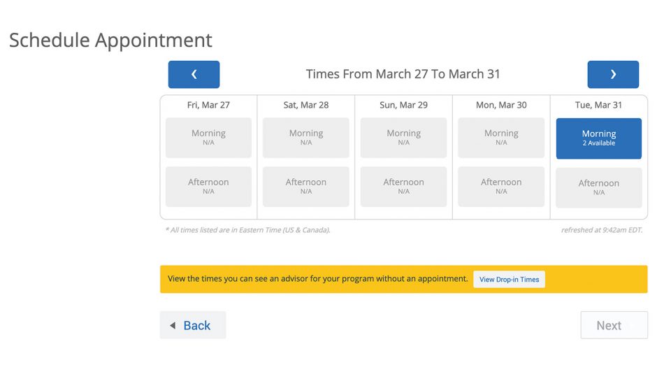 Screen shot of View Drop-in Times button