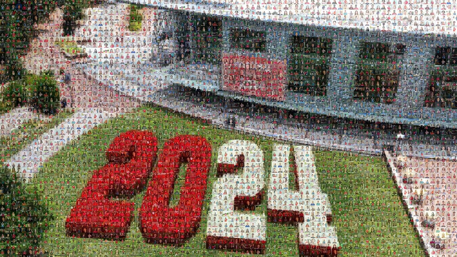 Photos of the members of the class of 2024 make a mosaic of the number 2024 on Stafford Commons in front of Talley Student Union