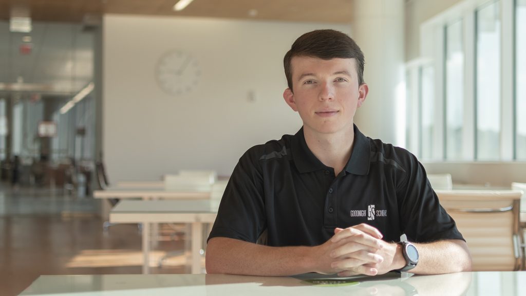 Portrait photo of NC State Goodnight Scholar Kody Jefferson of the class of 2021 at the Hunt Library on Centennial Campus.