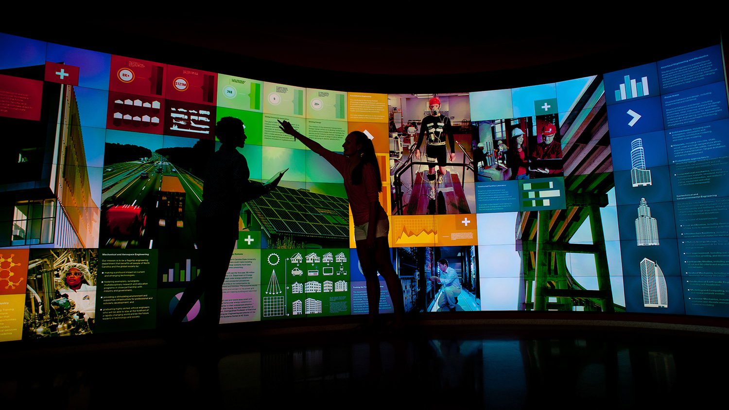 Undergraduate engineering students use the micro tile wall at the IPearl Immerstion theater at Hunt Library.