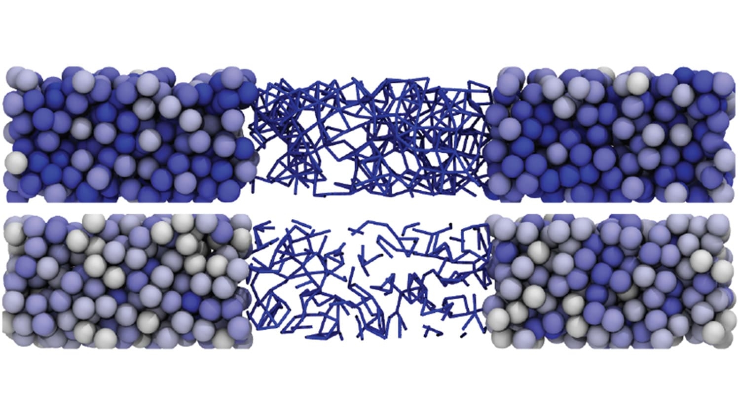 on a top horizontal row there are two clusters of smooth spheres packed closely together the clusters are separated by a series of closely intertwined lines; on a bottom horizontal row there are two clusters of rough-edged spherical objects packed closely together the clusters are separated by a series of erratic, widely-spaced lines