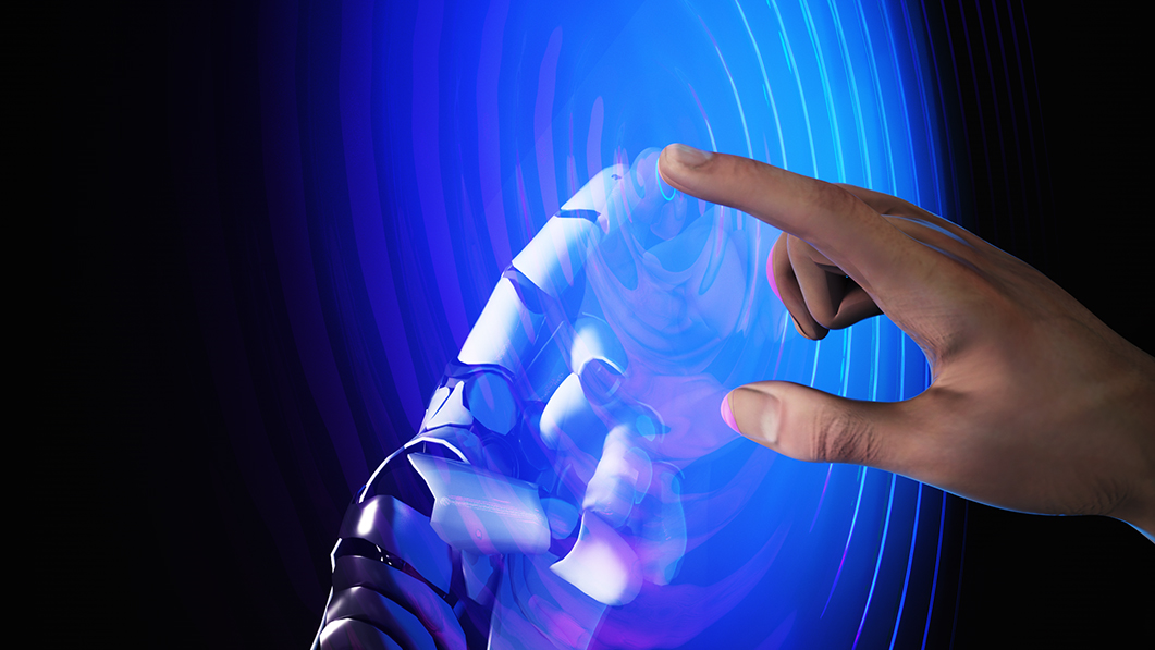 A robotic hand (left) touching index finger of human hand (right) through a membrane on a blue and black background.