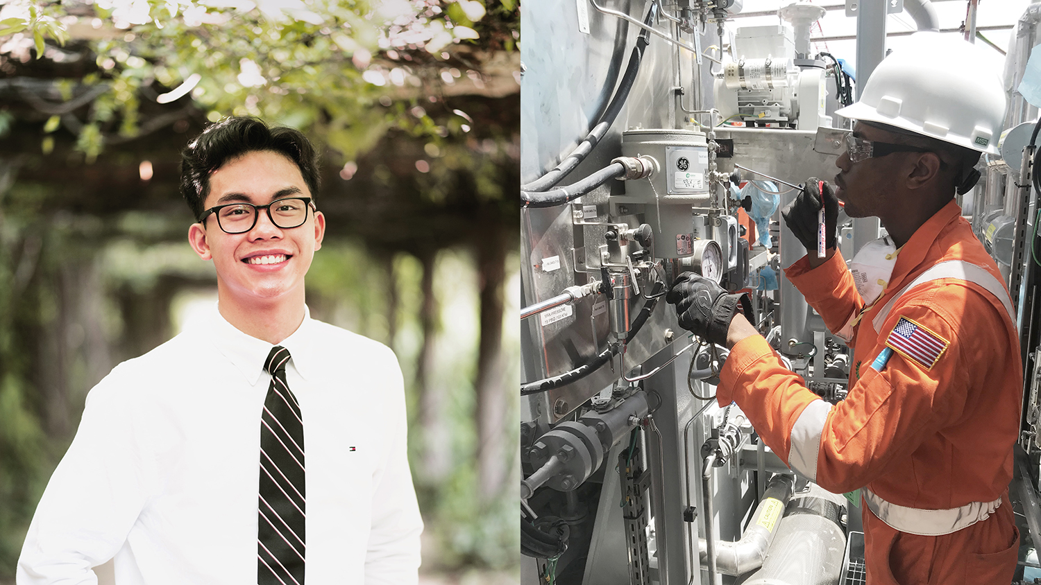 Jed Tan (left) standing outside in white shirt and tie; Timothy Crawford (right) working in an industrial setting in white hardhat and orange coveralls.