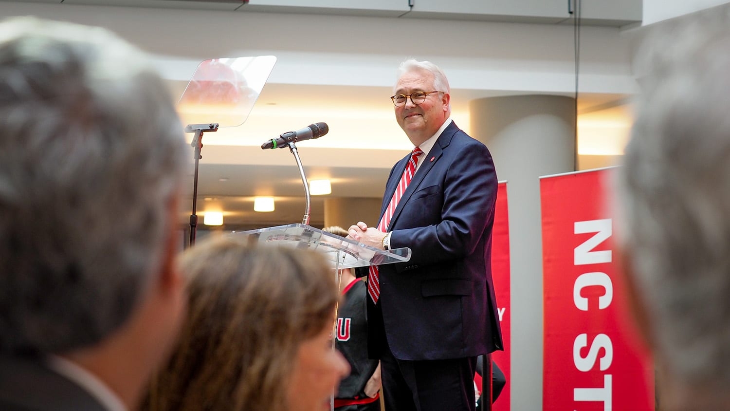 Randy Woodson delivers the annual fall address during Red and White week in 2019 in the Talley Student Union.