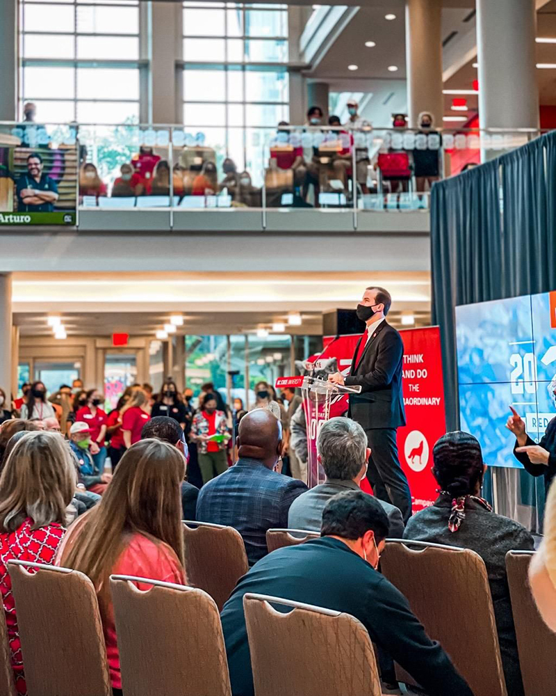 McKenzy Heavlin introduced Chancellor Randy Woodson before his fall address during Red and White Week in October at Talley Student Union.