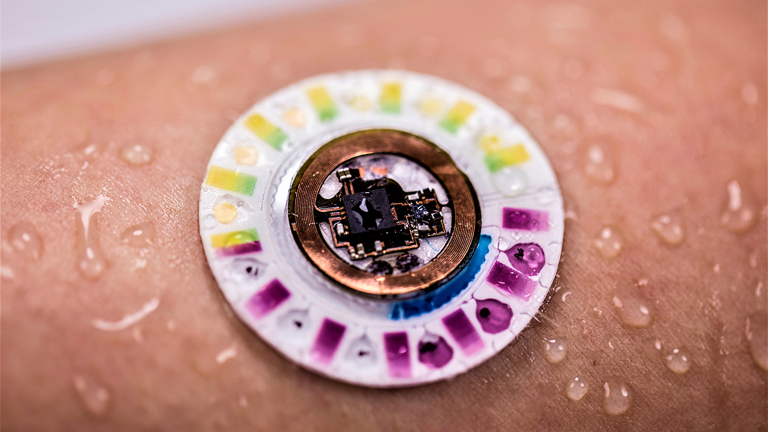 Closeup photo of a white, round, multicolored biosensor attached to person's wet skin.