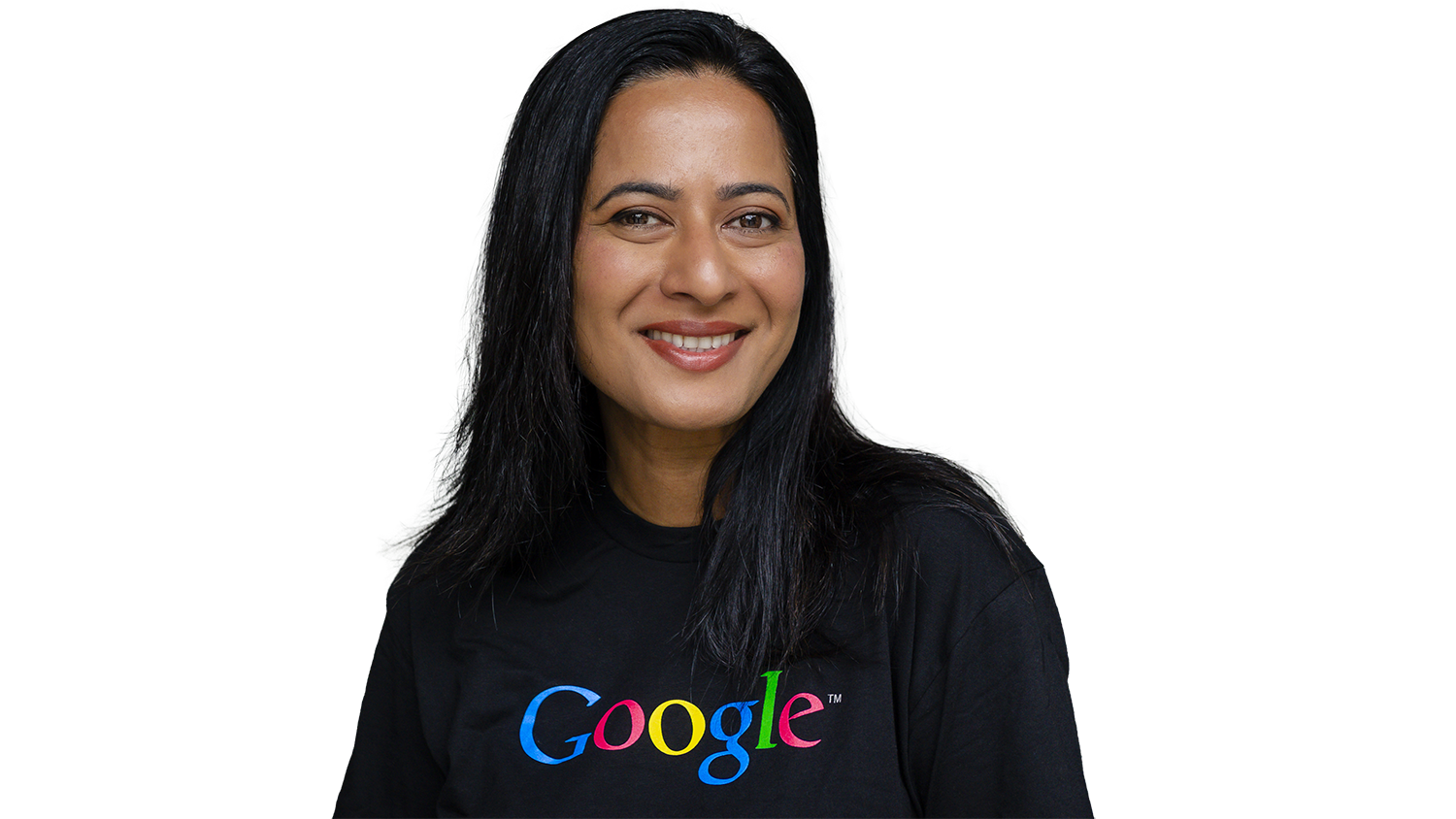 Kamala Subramaniam wearing a Google branded black sweatshirt.