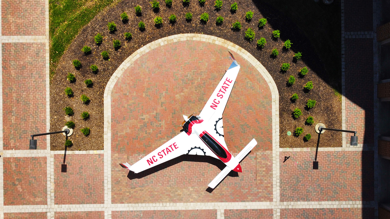Aerial view of Long-EZ aircraft displayed on Centennial Campus.