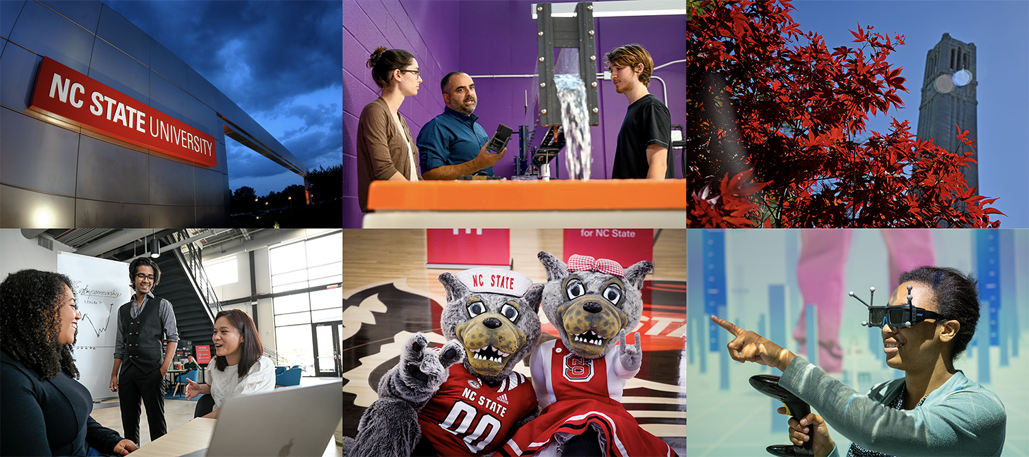Composite image showing 6 separate scenes of students, landmarks, labs, researchers at the College of Engineering at NC State.