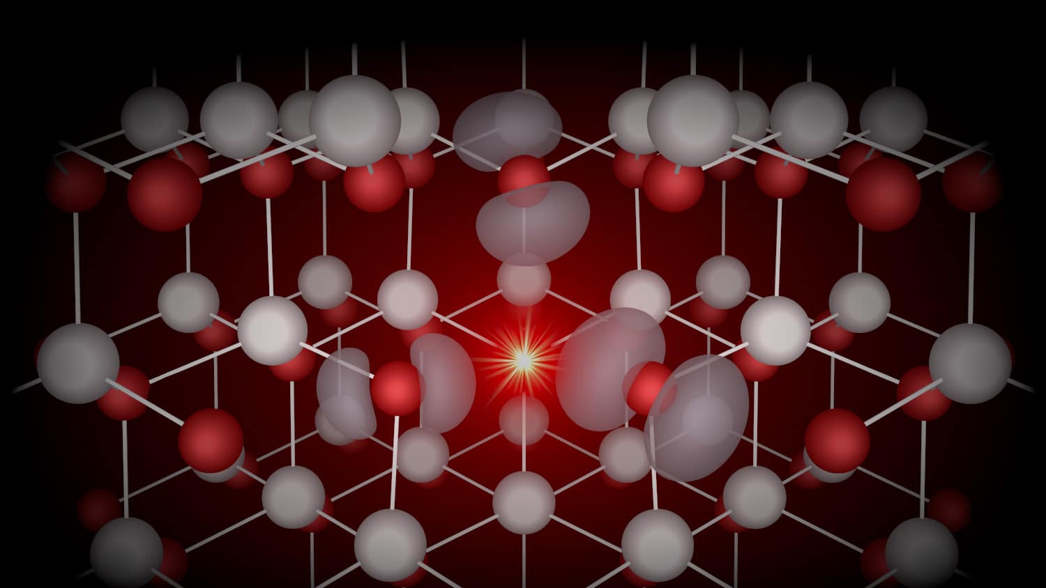 Computerized model of spheres and bars connected to each other with burst of energy in the center of the framework.