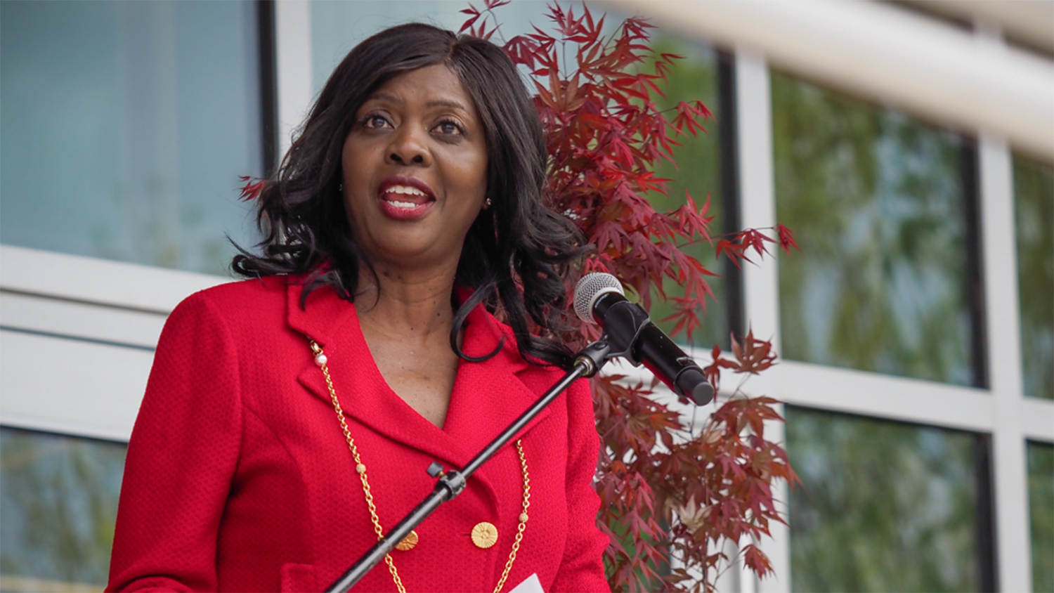 Chavonda Jacobs-Young dressed in red speaks while standing behind a lecturn.