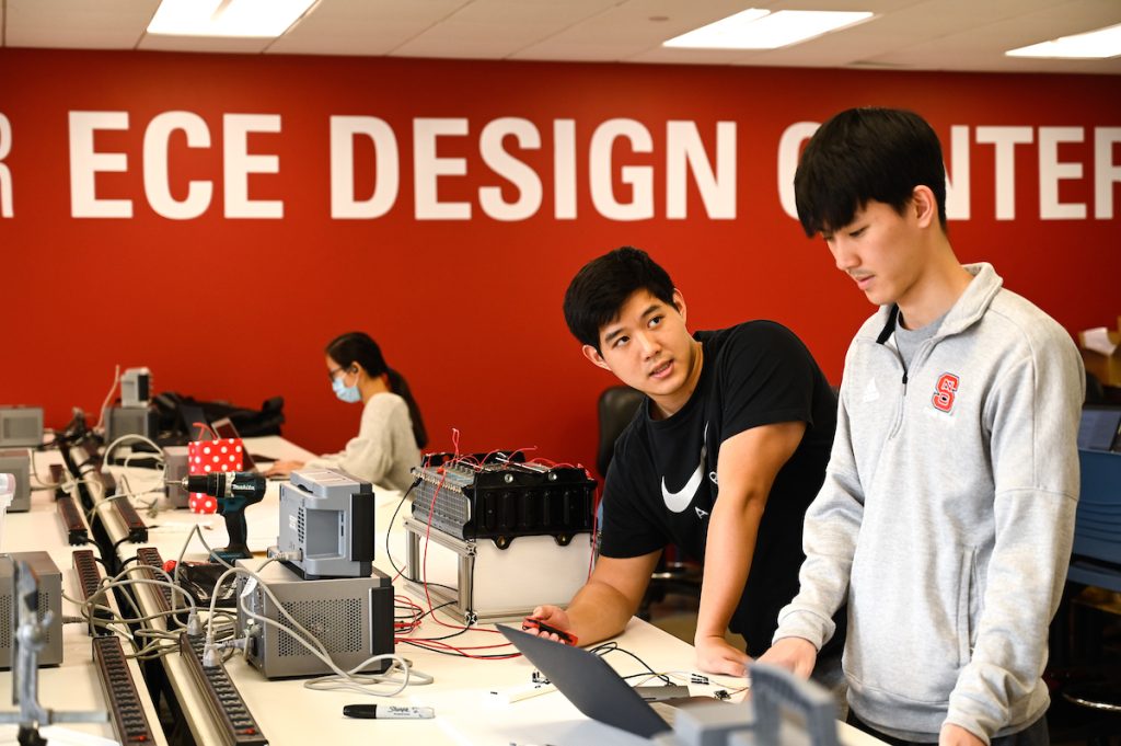 Students work on senior design projects at the Electrical and Computer Engineering lab (ECE) lab on Centennial Campus. 