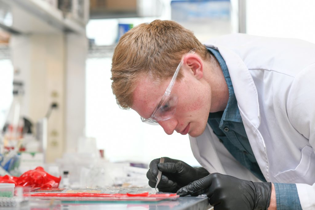 Neil Baugh, Goldwater Scholar, wearing black latex gloves inspects an experiment.
