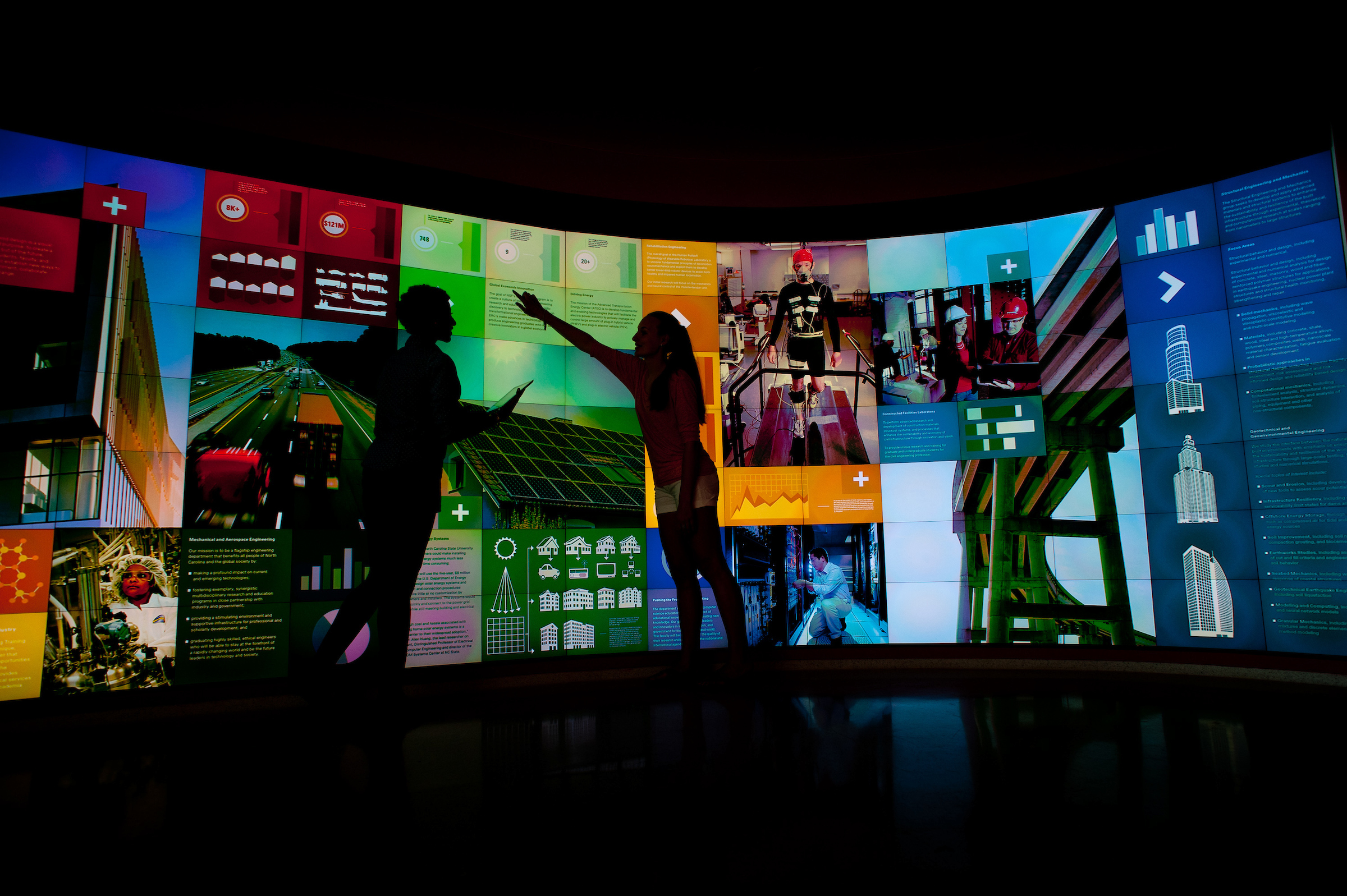 Undergraduate engineering students use the micro tile wall at the IPearl Immerstion theater at Hunt Library.