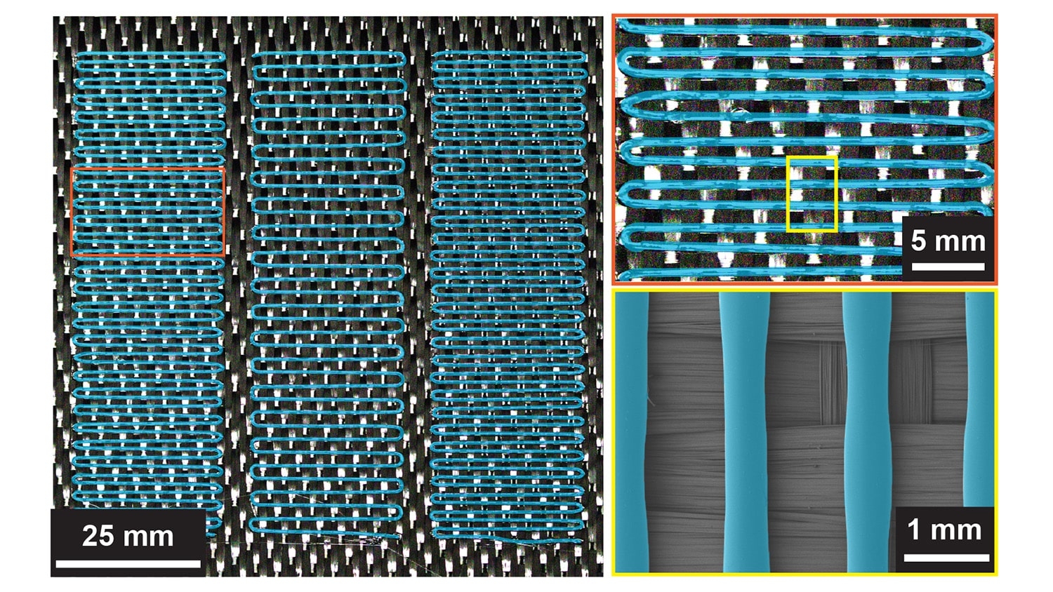 image shows blue piping (thermoplastic) embedded in a black carbon fiber mesh