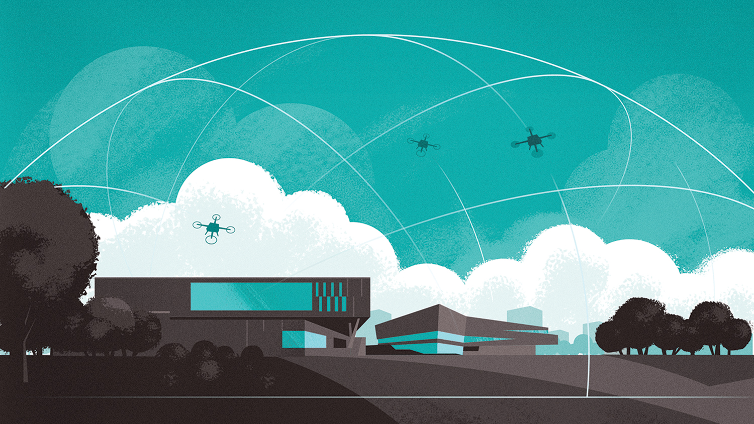 Artist rendering of Hunt Library and Fitts Woolard Hall. Teal sky, white clouds, black trees, gray buildings with three gray drones flying overhead.