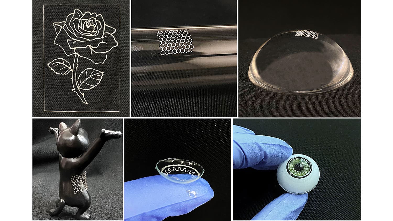 Several images showing examples of printing of curved circuits including tube, contact lens and sculpture.