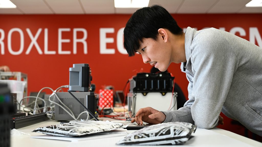 Students work on senior design projects at the Electrical and Computer Engineering lab (ECE) lab on Centennial Campus.