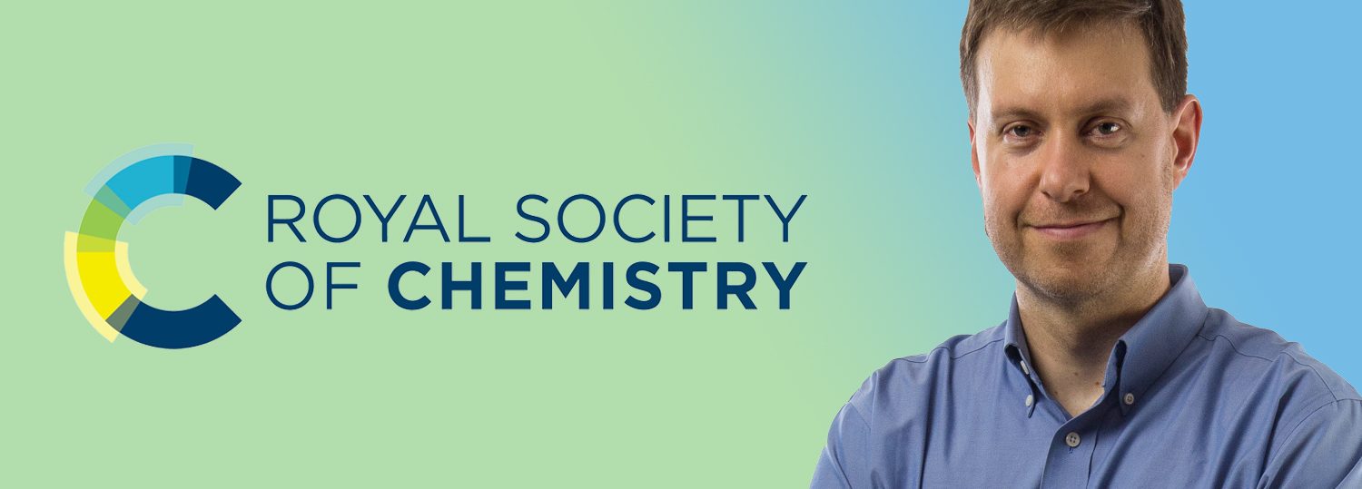 Profile photo of Joseph Tracy superimposed over graphic for the Royal Society of Chemistry with a gradient background for green on the left moving to blue on the right.