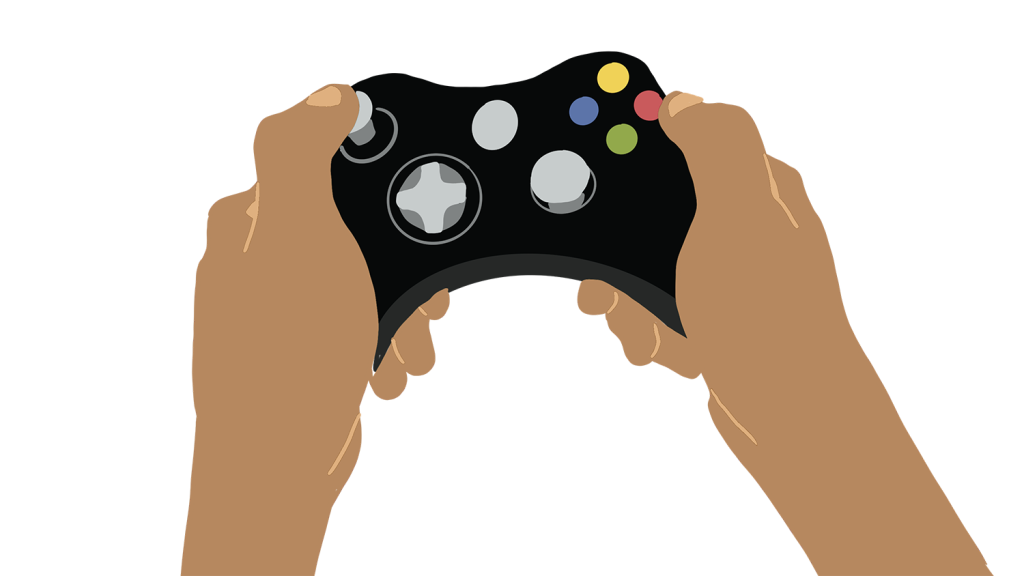 Color illustration of gaming controller held by two hands.